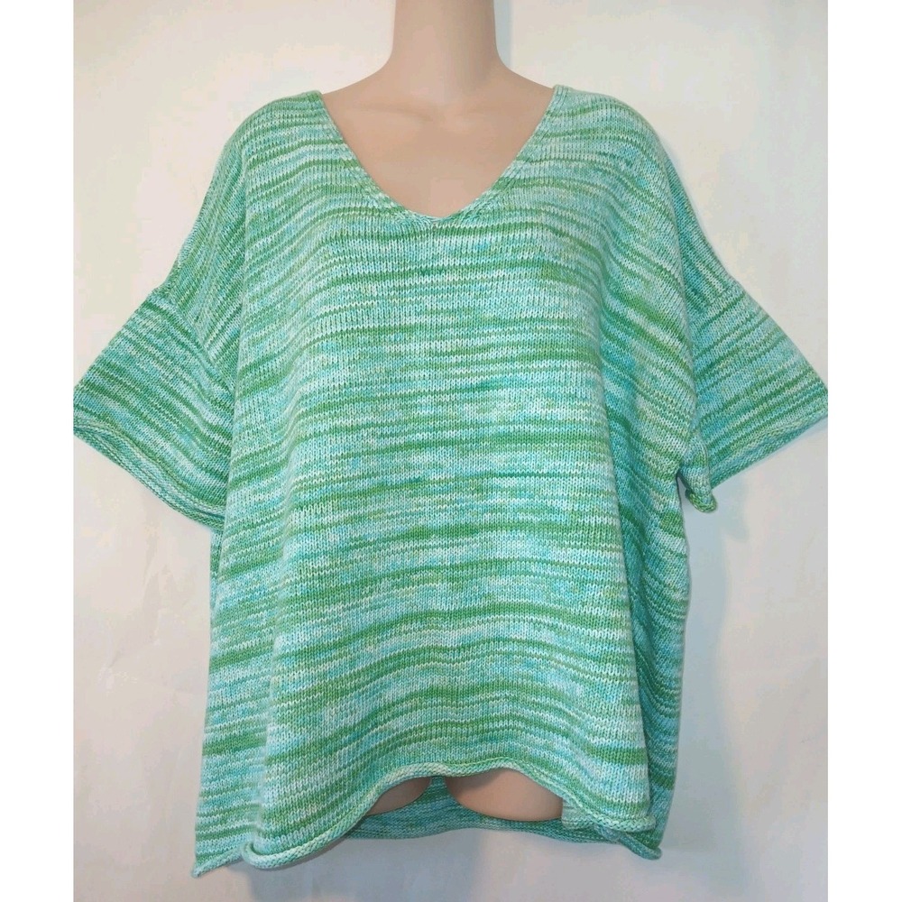 Talbots Womens V-Neck Blue Green Short Sleeve Knit Sweater Plus Size 3X  D122